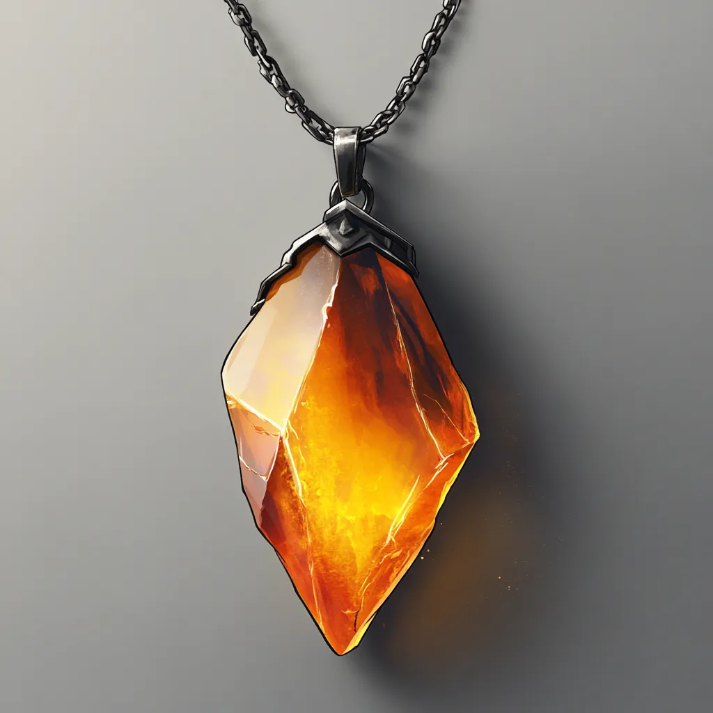 Simple art style with low details and shapes creating a clean and approachable digital art style. A shard of amber with a faint dark mist inside on a silver necklace.