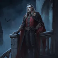 Strahd Von Zarovich the older handsome vampire lord. Pale skin, slicked back long hair in a widows peak, long dark cloak and extravagant red vest. Standing on a castles balcony at night.