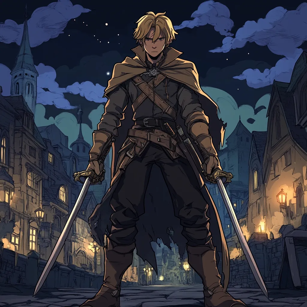 A man stands in a dark street carrying 2 swords.  A determined look in his eyes.