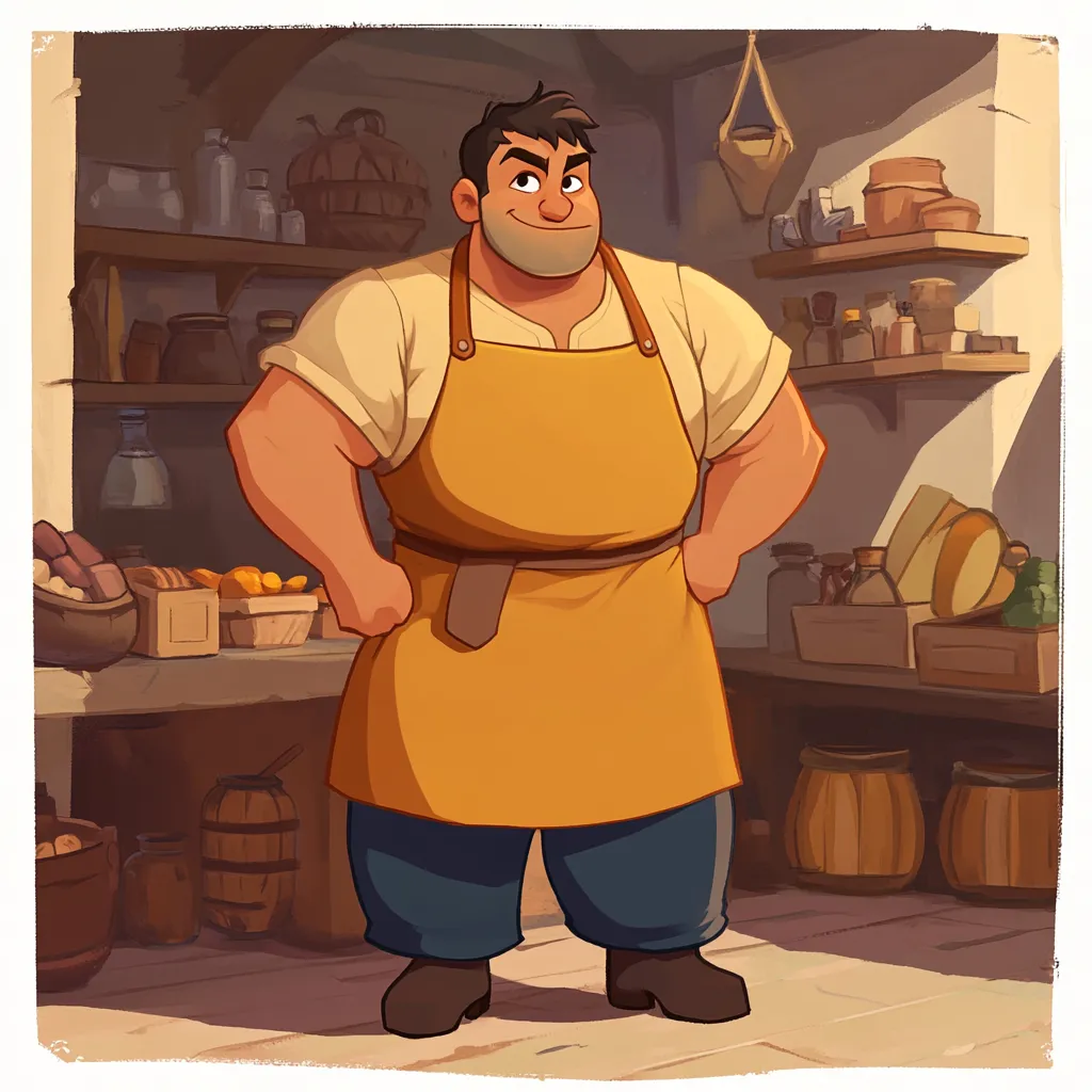 A comically burley shopkeeper stands proudly in his store