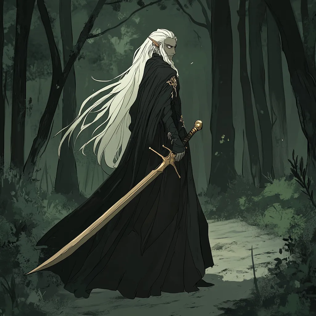 A pale grey elf with long white hair and a long sword scowls over his shoulder