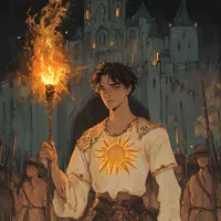 A young man standing with a torch in front of crowd