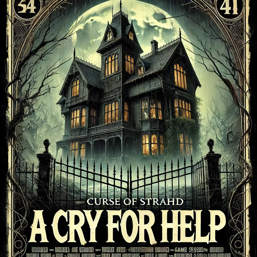 A movie poster style image of an old and haunted Victorian home