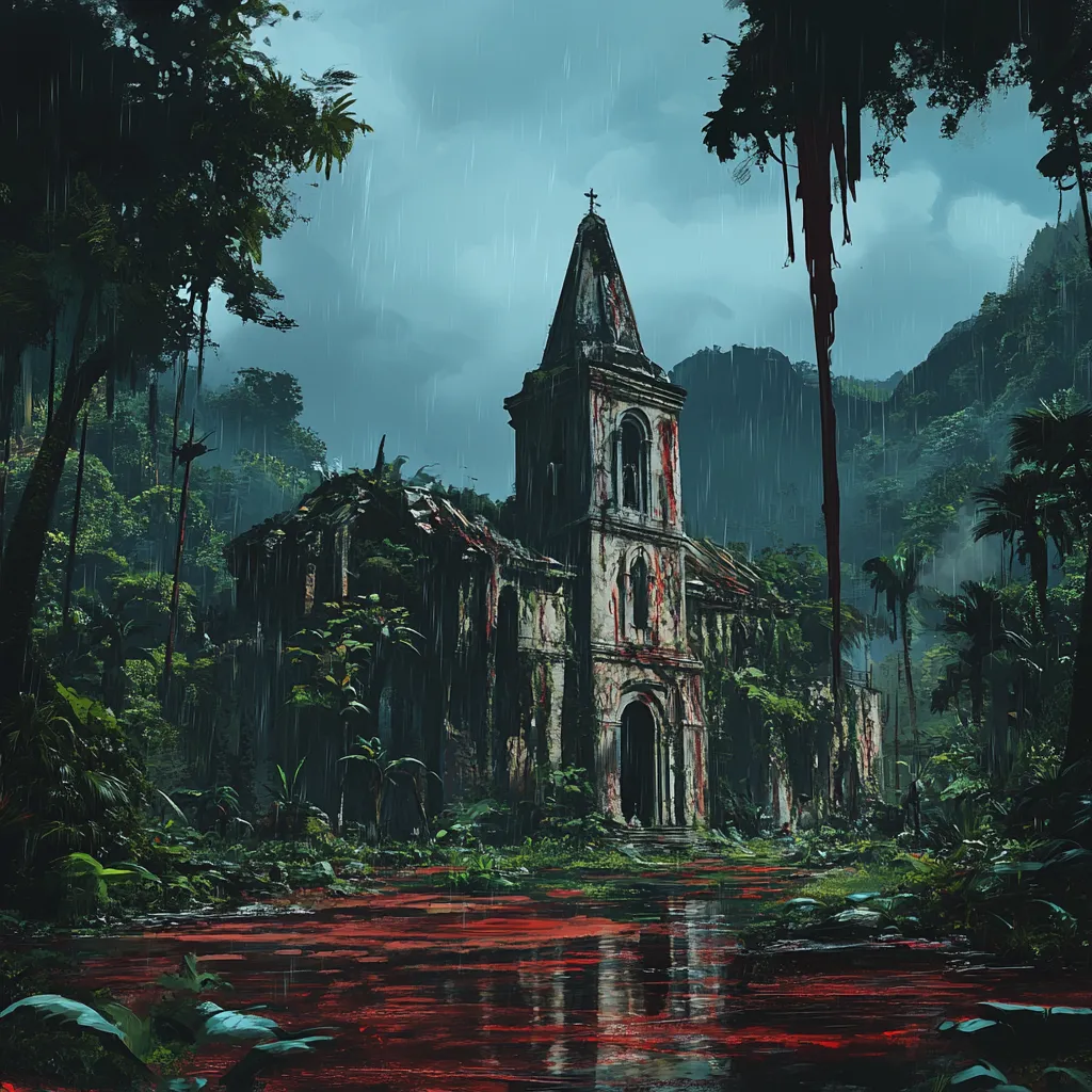 Dungeons and dragons simple landscape concept digital art abandoned church in tropical jungle raining blood