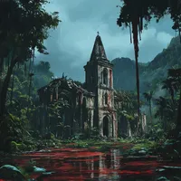 Dungeons and dragons simple landscape concept digital art abandoned church in tropical jungle raining blood