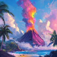 Dungeons and dragons simple landscape concept digital art tropical island volcano erupting multicolored paint like lava and iridescent smoke